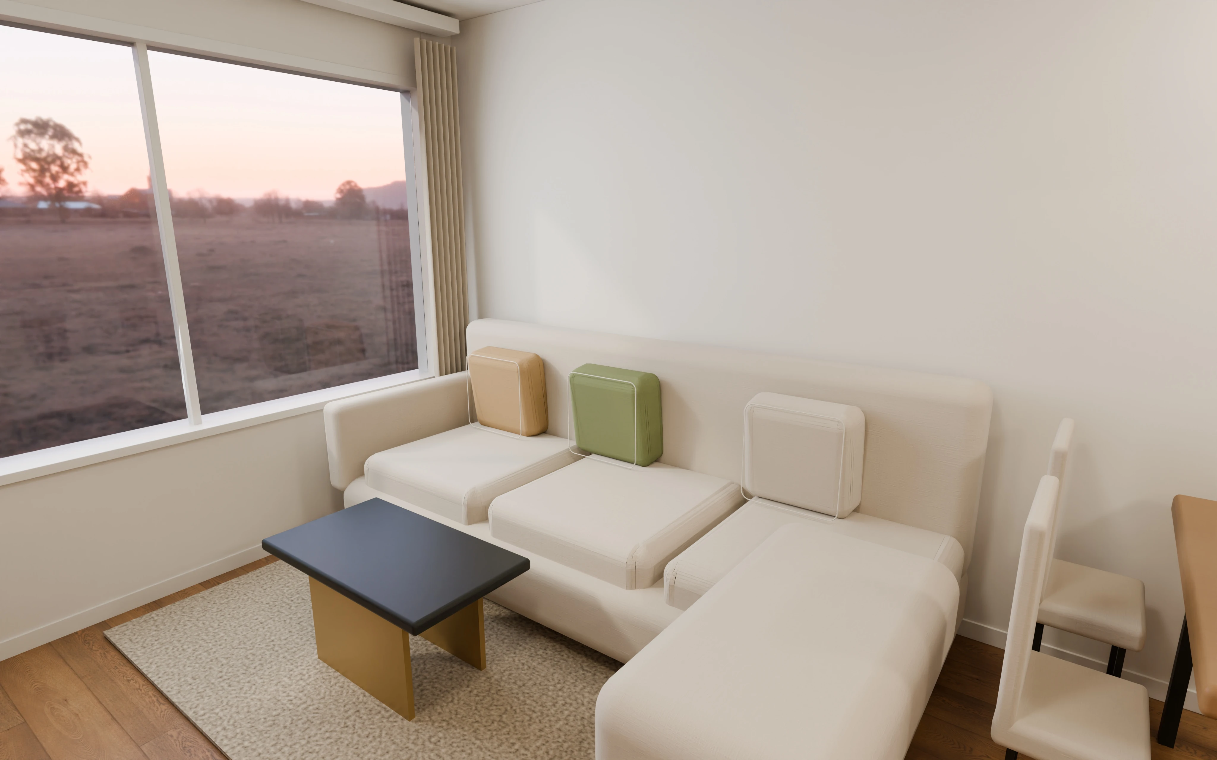 Dnevni boravak i trpezarija — 4K render namještaja Stana 02, nije stvarna fotografija
