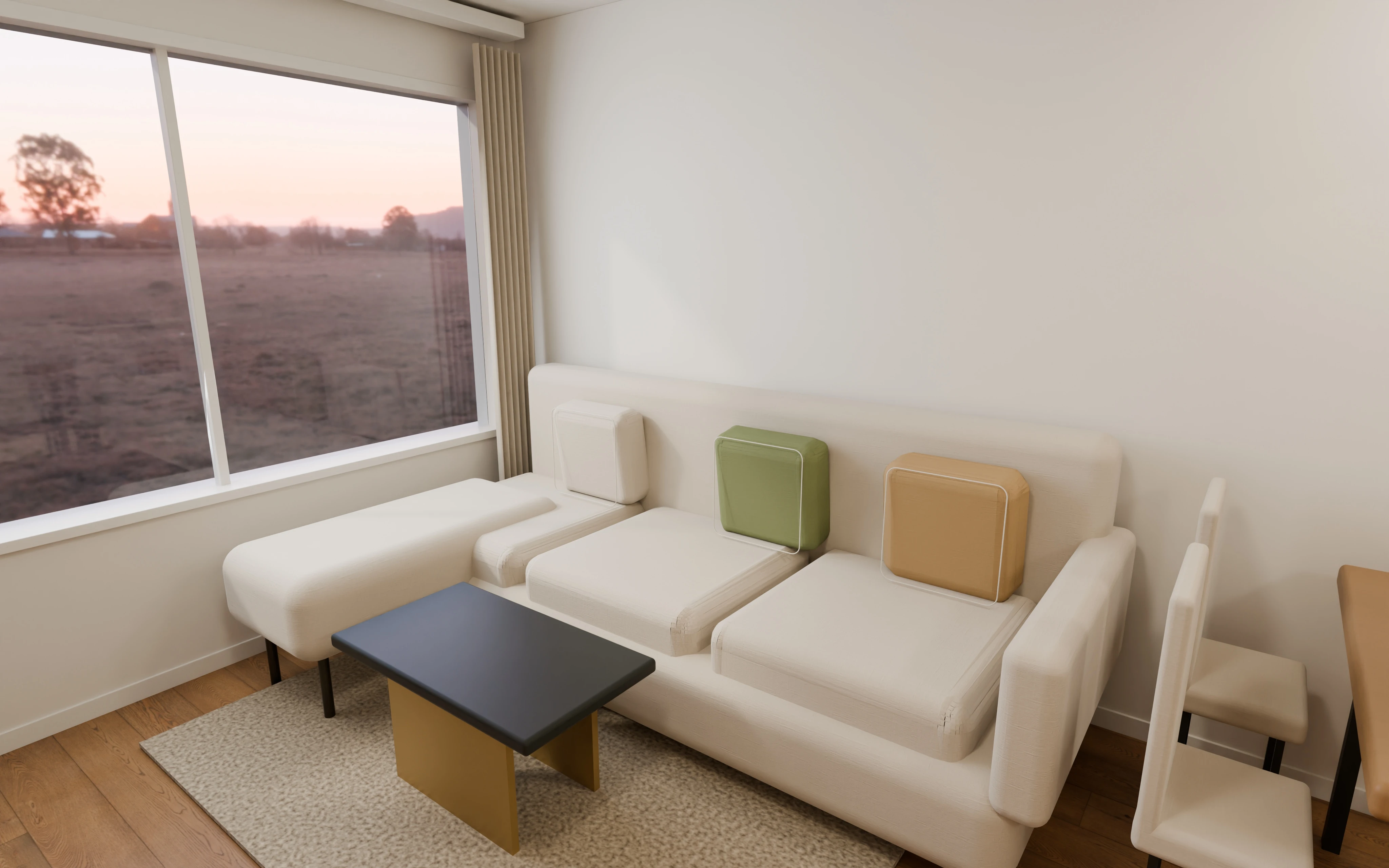 Dnevni boravak i trpezarija — 4K render namještaja Stana 05, nije stvarna fotografija