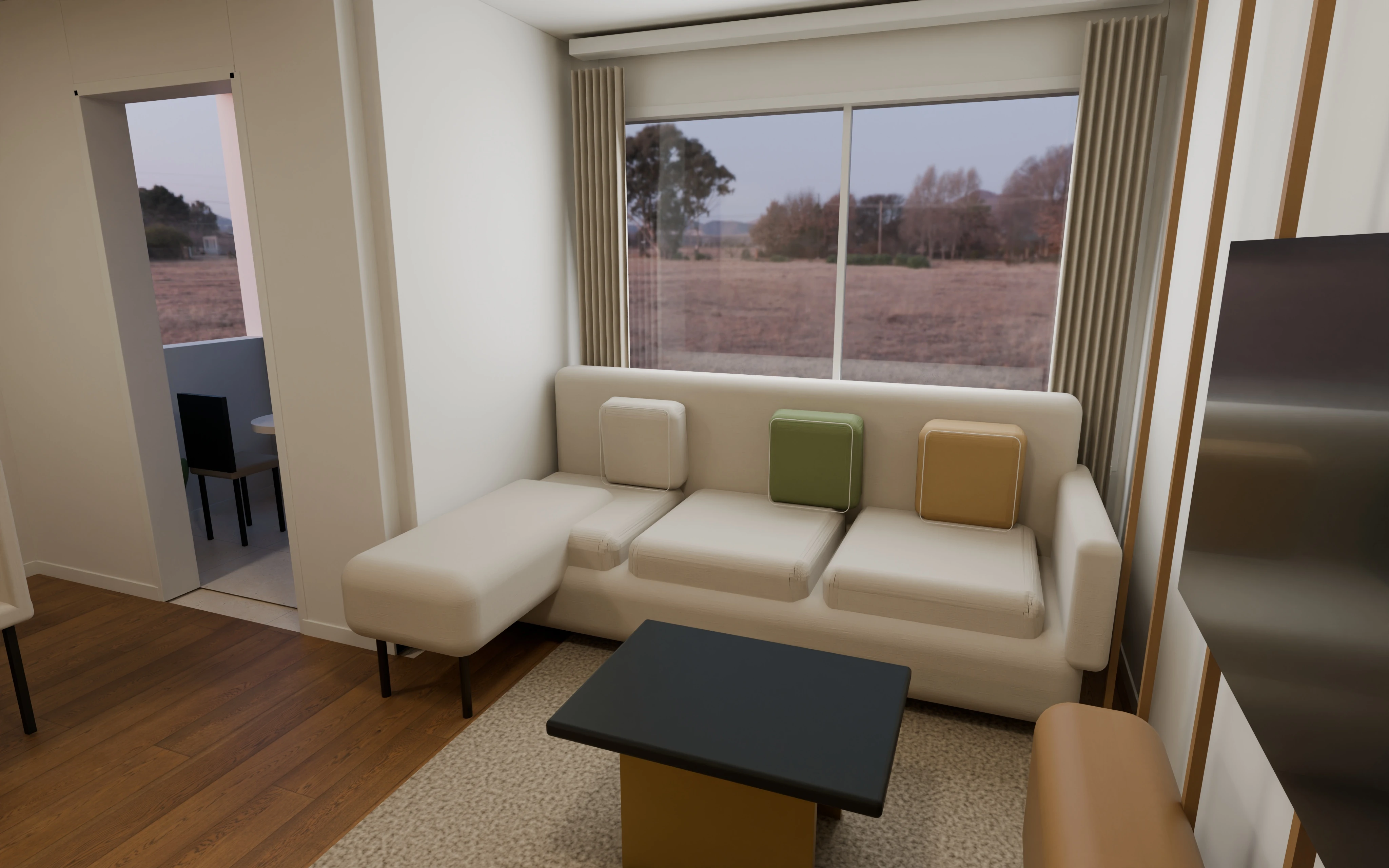 Dnevni boravak i trpezarija — 4K render namještaja Stana 06, nije stvarna fotografija