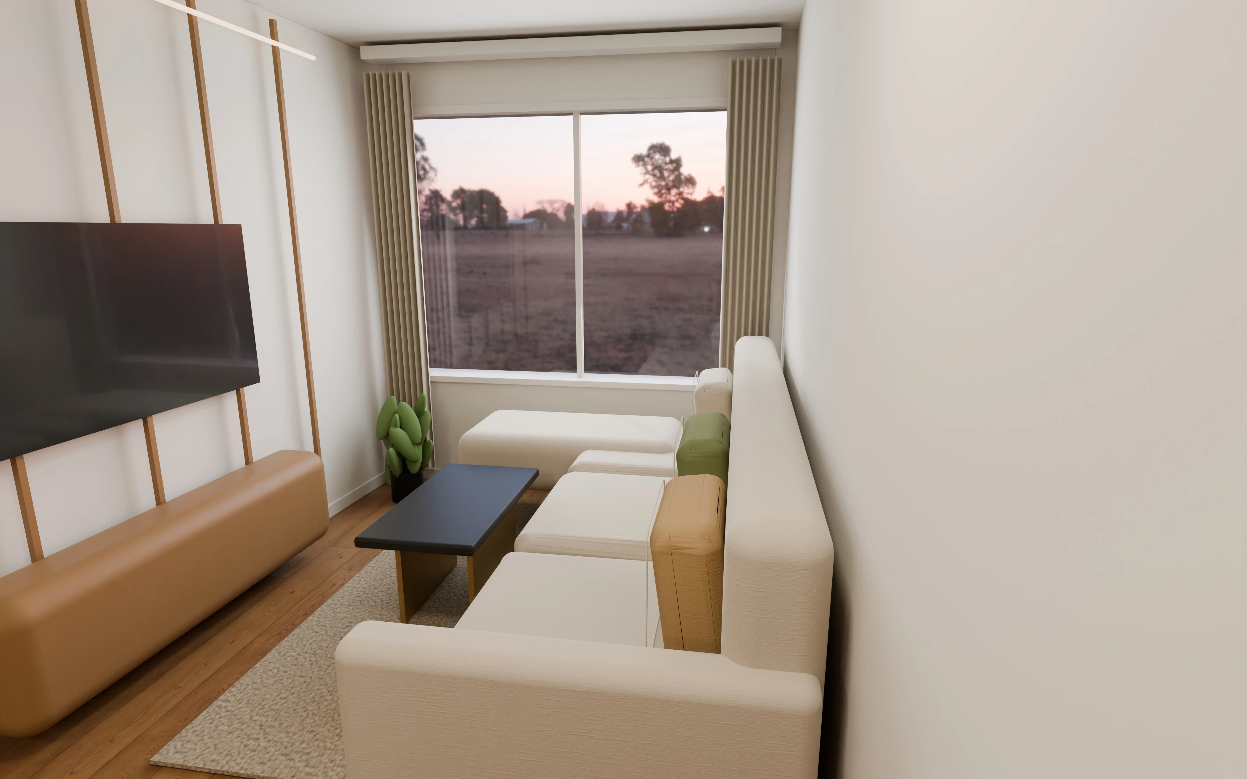 Dnevni boravak i trpezarija — 4K render namještaja Stana 07, nije stvarna fotografija
