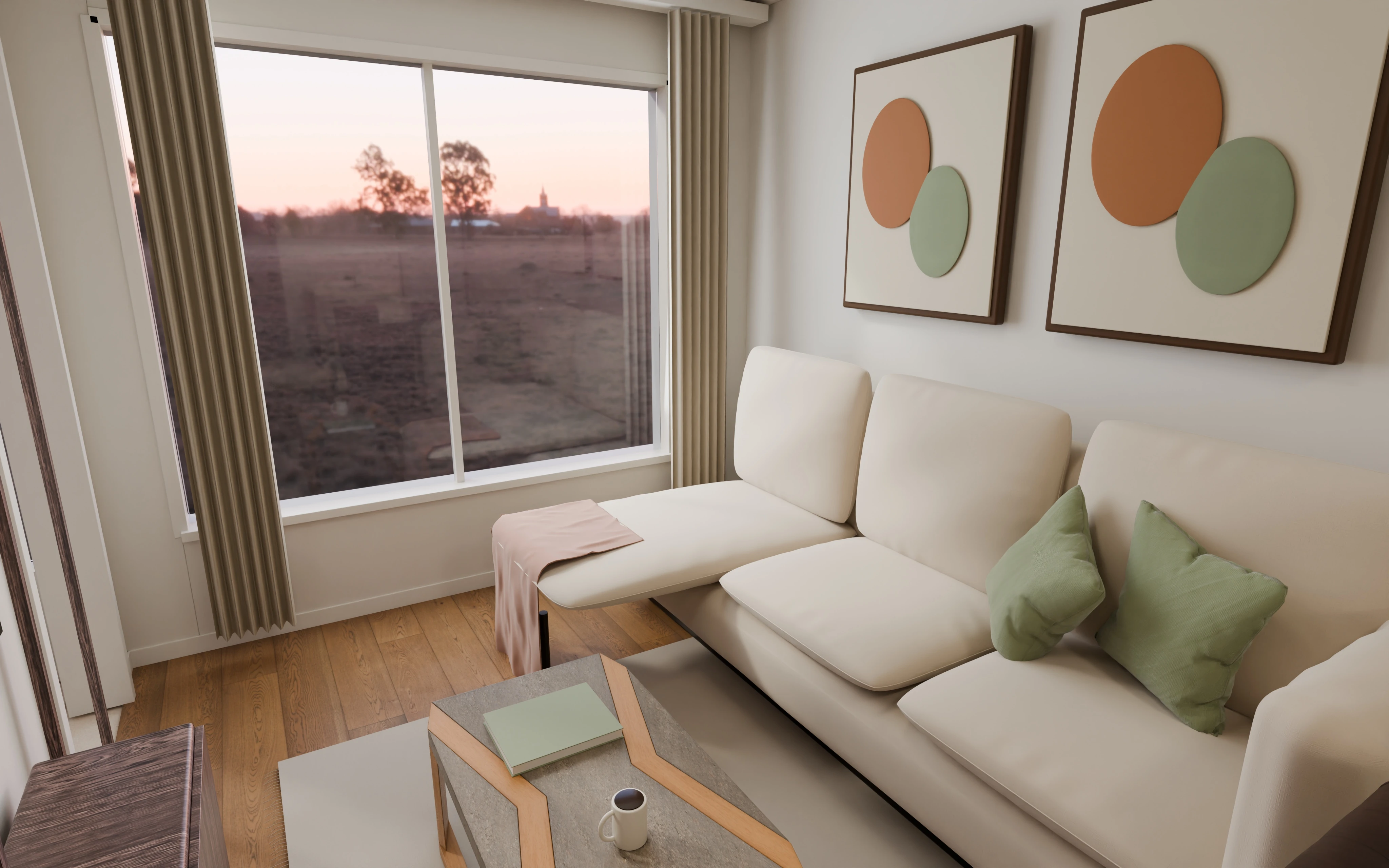 Dnevni boravak i trpezarija — 4K render namještaja Stana 29, nije stvarna fotografija