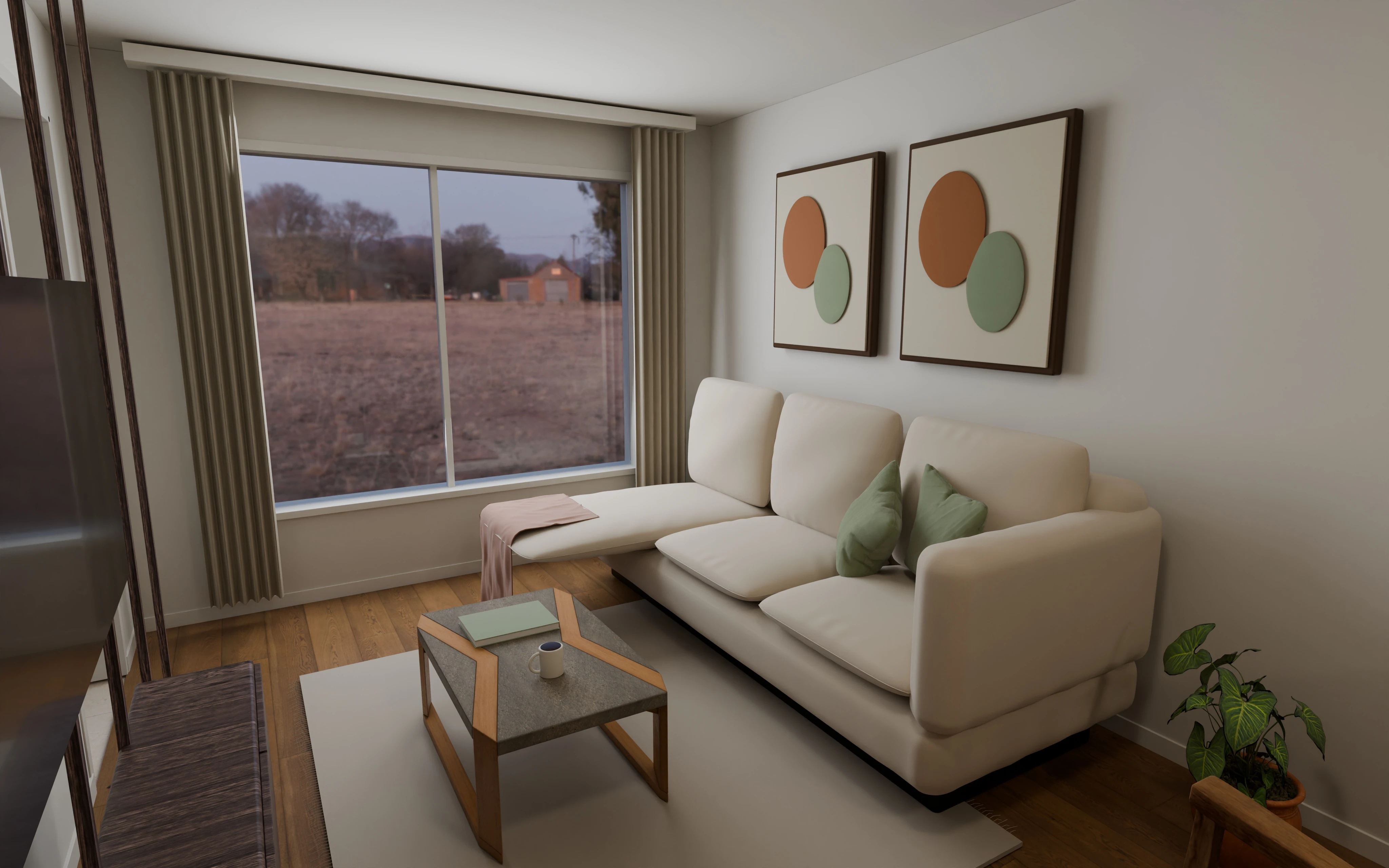 Dnevni boravak i trpezarija — 4K render namještaja Stana 48, nije stvarna fotografija