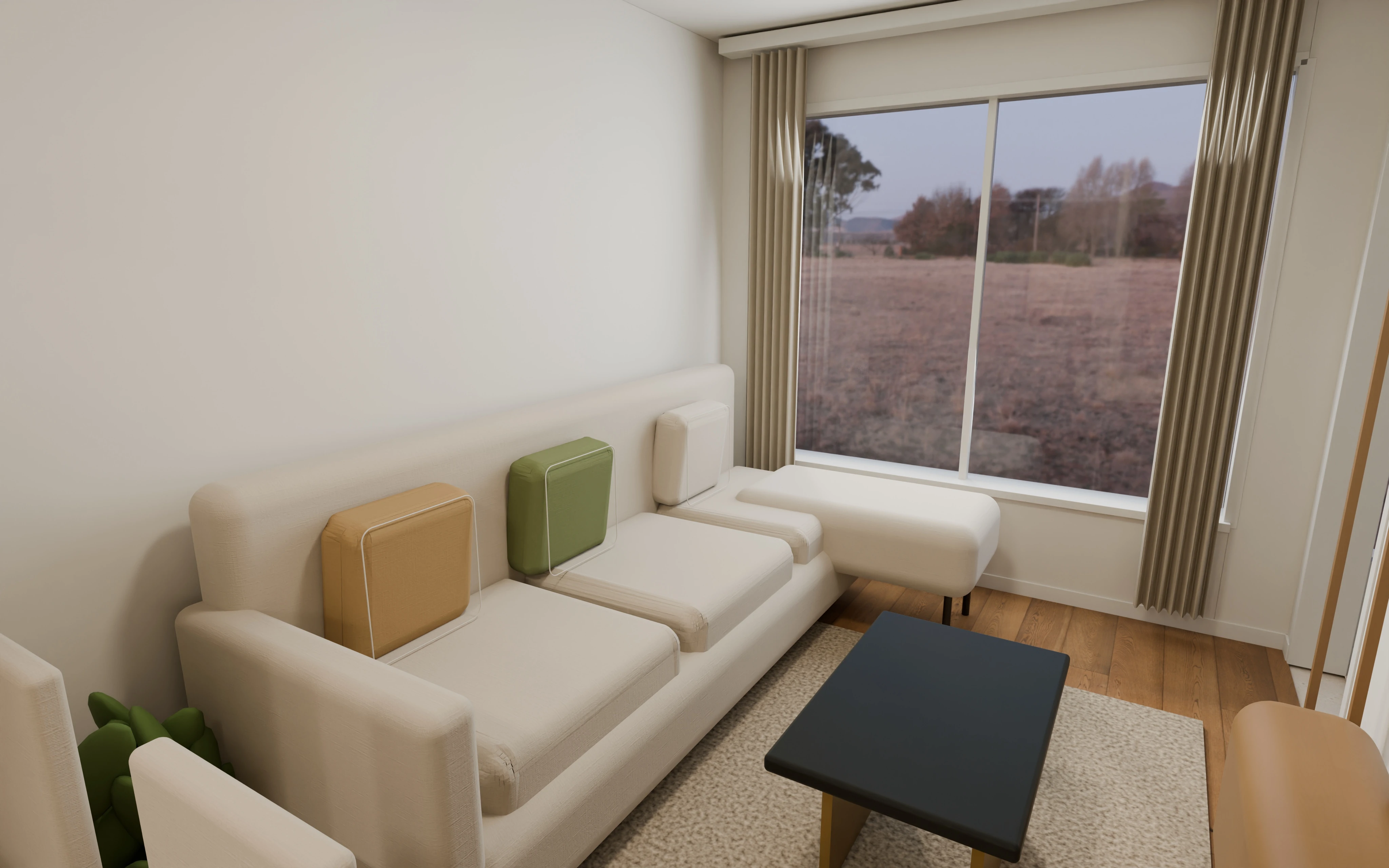 Dnevni boravak i trpezarija — 4K render namještaja Stana 30, nije stvarna fotografija